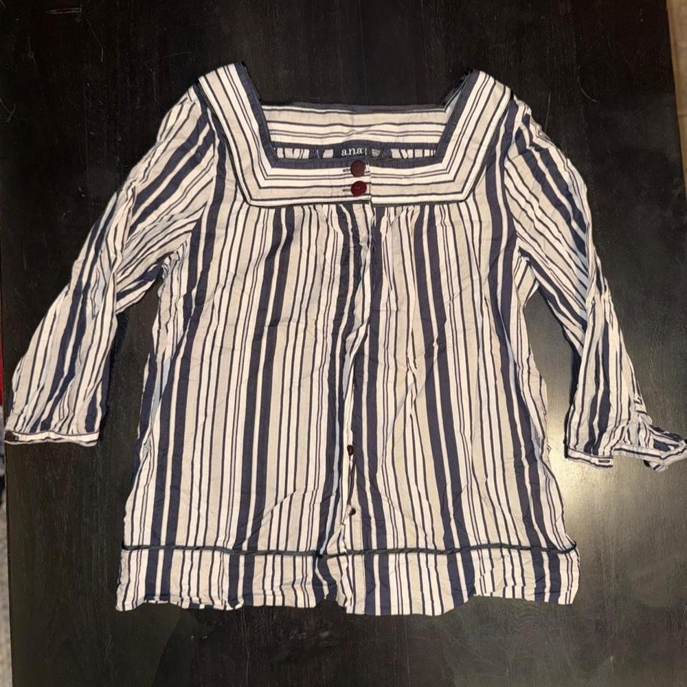 Ana white and navy striped button up shirt